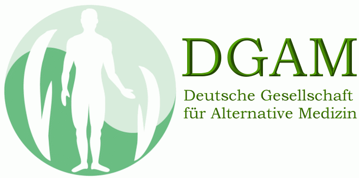 Deutsche Gesellschaft für alternative Medizin, Logo Eine weiße menschliche Silhouette in einem zweifarbig grünem Kreis. Daneben ein Schriftzug.