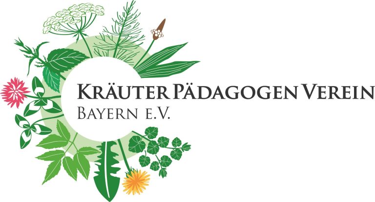 Kräuterpädagogen Verein Bayern, Logo Ein Logo mit Schriftzug und kreisförmig angeordneten Blumen und Pflanzen außen herum.